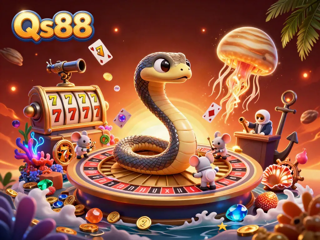 Engage in gambling at Qs88 with a vibrant casino-themed cosmic scene illustrating playful astronaut mice betting on a roulette wheel.