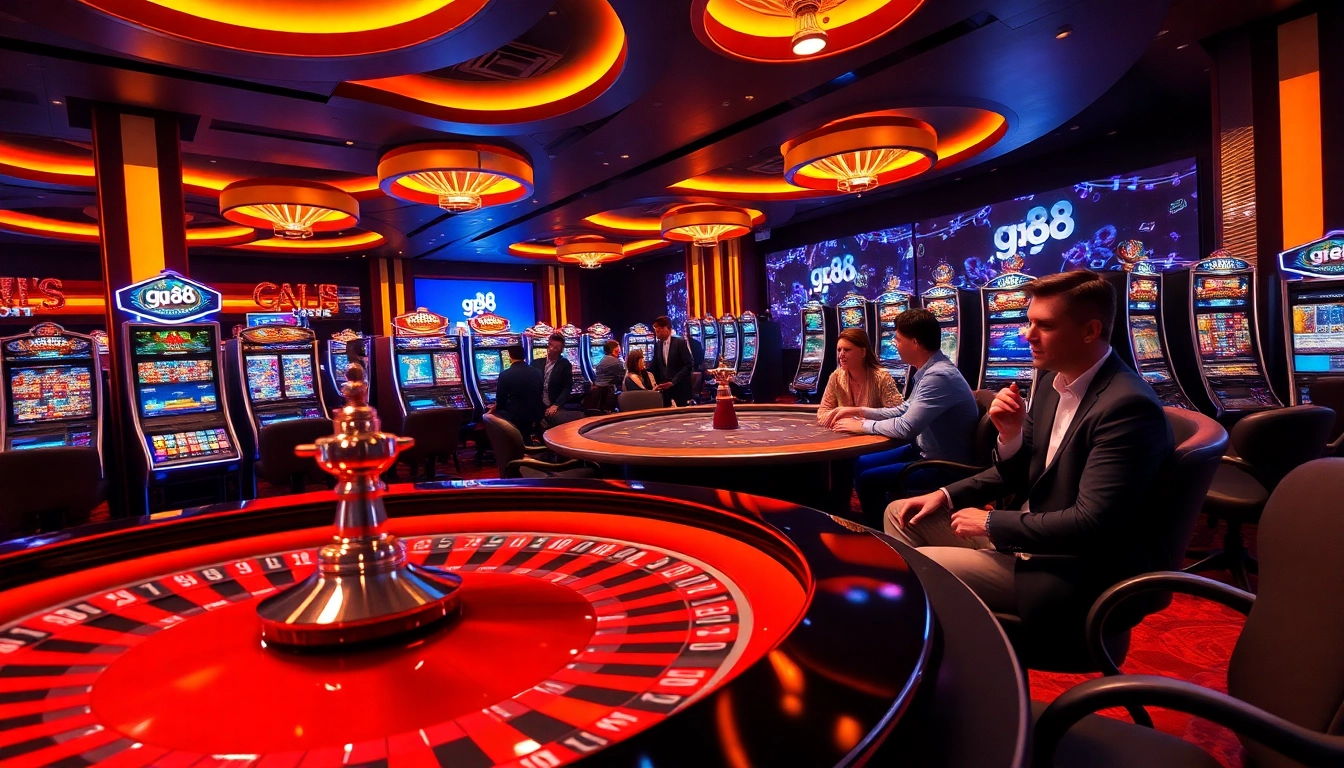 The thrill of gambling at an upscale online casino featuring gg.88 branding with vibrant slot machines and colorful poker chips.