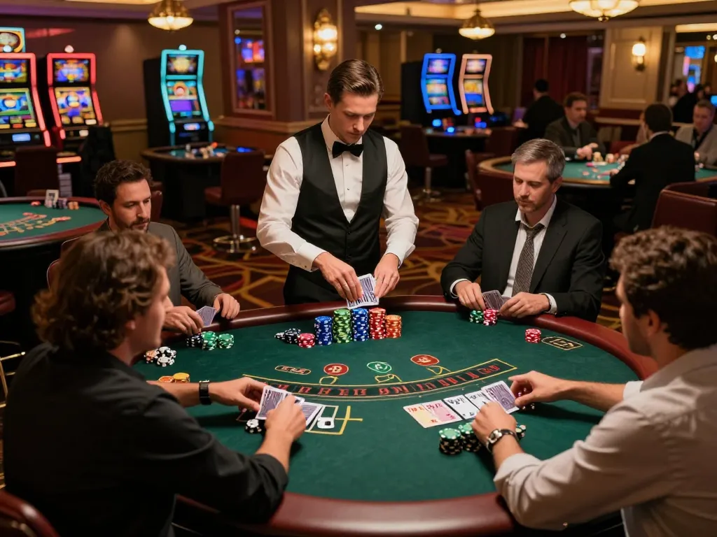 Players engaging at a blackjack table, strategizing their bets with TX88 chips in a luxury casino atmosphere.