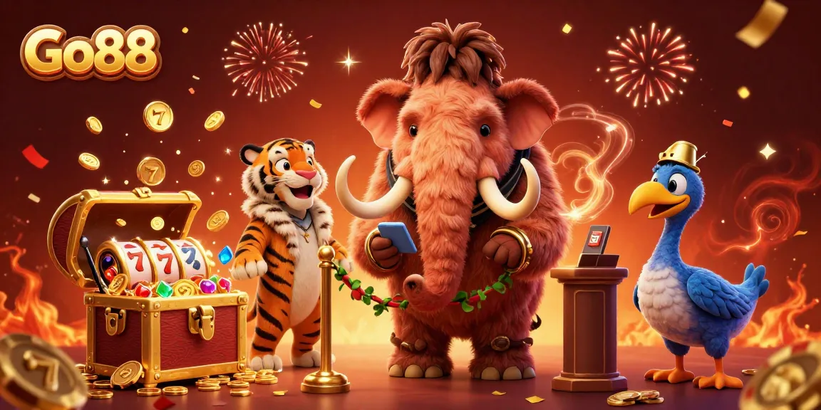 Join the Go88 casino adventure with vibrant characters and thrilling game elements in a dynamic scene.