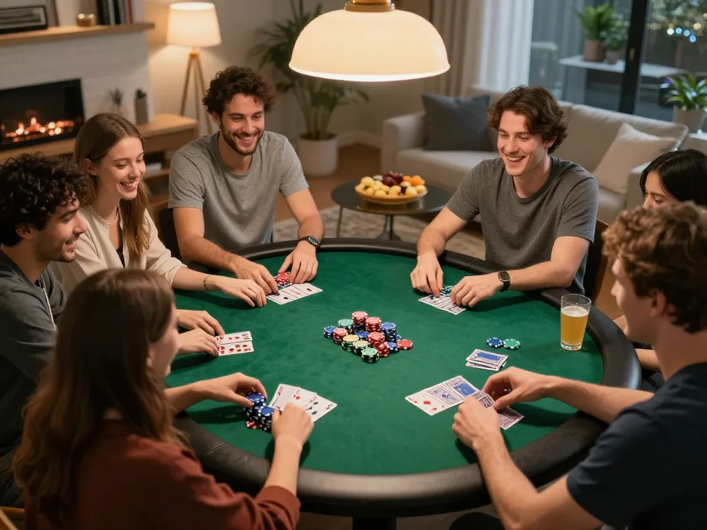 Friends enjoying a poker night with chips at the table, celebrating their w 88 gaming session.