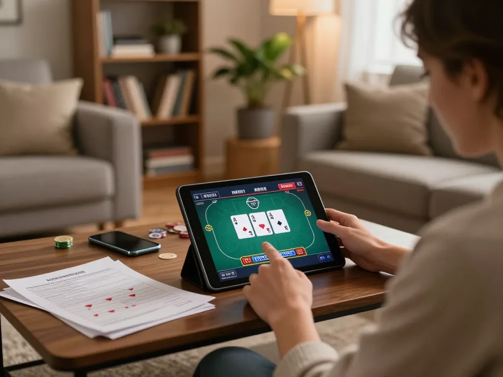 Engaging in responsible gaming at home with LV88 on tablet, showcasing poker strategy.