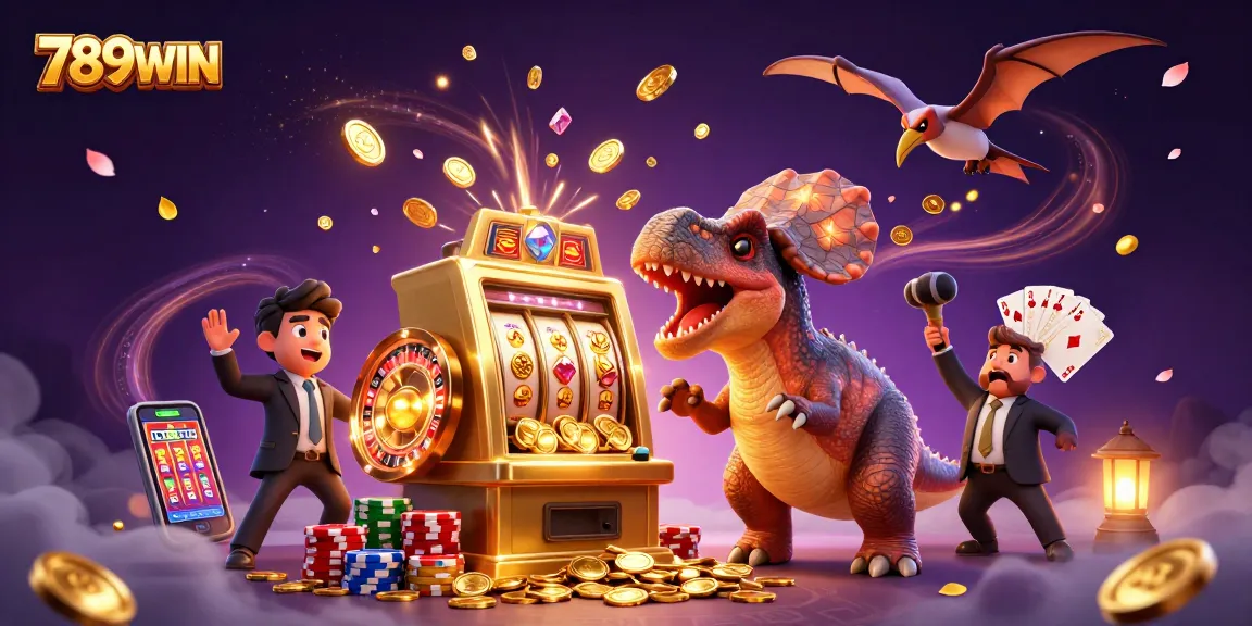 Catch golden coins with 789WIN in a vibrant casino scene featuring playful dinosaurs.