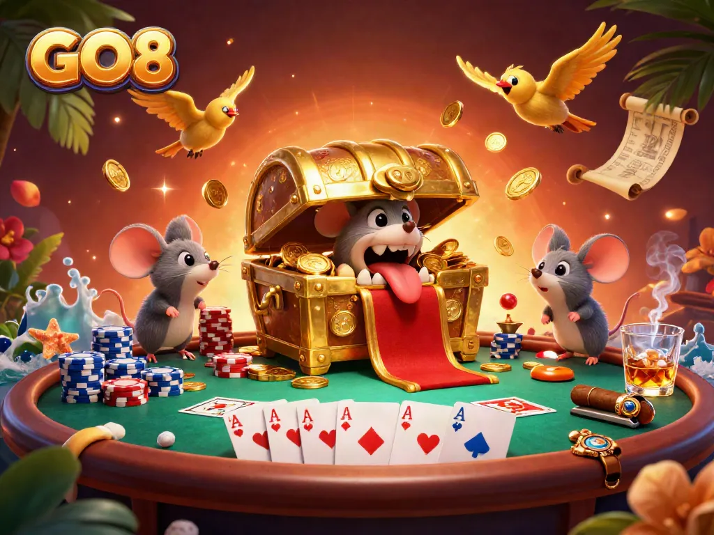 Experience GO8's thrilling treasures, where a golden mimic chest entices adventurer mice in a casino scene.