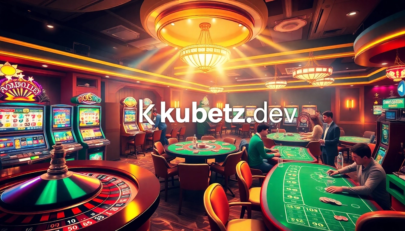 Engage with kubetz.dev, showcasing a luxurious casino scene filled with vibrant games like roulette and slots.
