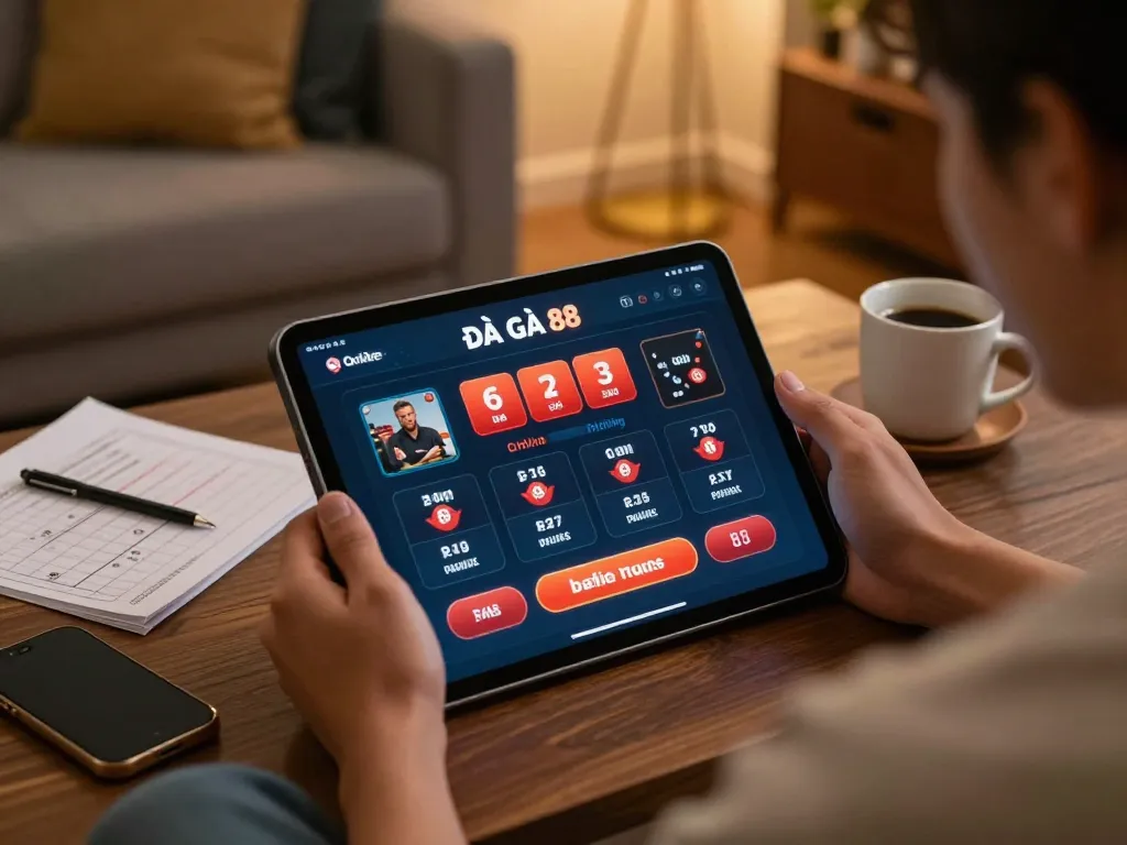 Engaging in ĐÁ GÀ 88 betting on a tablet, showcasing a cozy home gaming environment.