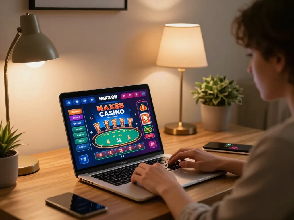 Engaging with MAX88 CASINO on a laptop in a cozy home setting, showcasing vibrant gaming interface and responsible gaming atmosphere