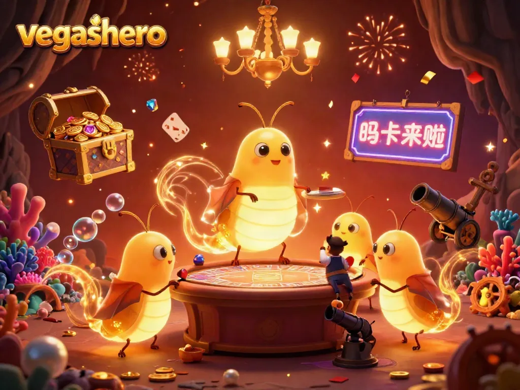 Win big at vegashero with glowworms lighting a vibrant casino scene, showcasing bioluminescent tails and dynamic game elements.