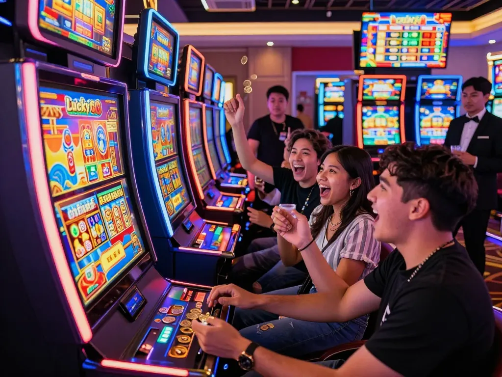 Players enjoying the Lucky88 slot machine experience at a lively casino.