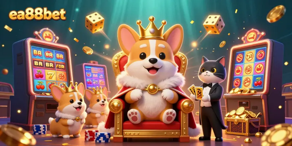 Experience thrilling gaming with ea88bet featuring a royal corgi and cat butler in an exciting casino scene.