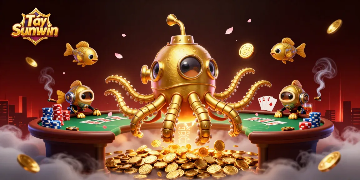 Experience Tải Sunwin with an exciting underwater casino scene, featuring a golden kraken and poker elements.