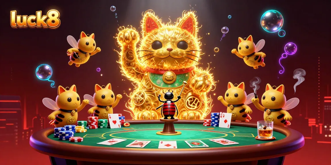 Experience the thrill of luck8 with a vibrant scene of a golden cat and poker elements.