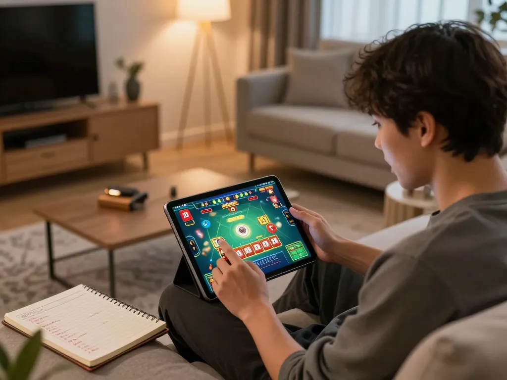 Xóc đĩa gameplay on a tablet in a modern living room setting showcasing an engaged player.