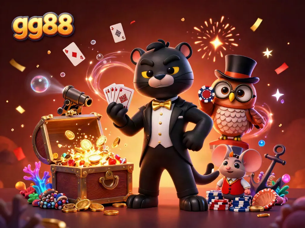 Experience exciting gameplay with gg88 as a stylish black panther, clever owl, and lucky mouse surround colorful jackpot treasures.