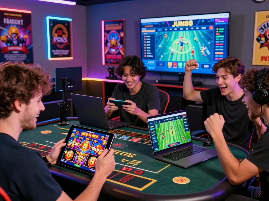 Engaging online gaming atmosphere at jun88plcom with players enjoying various games on different devices.