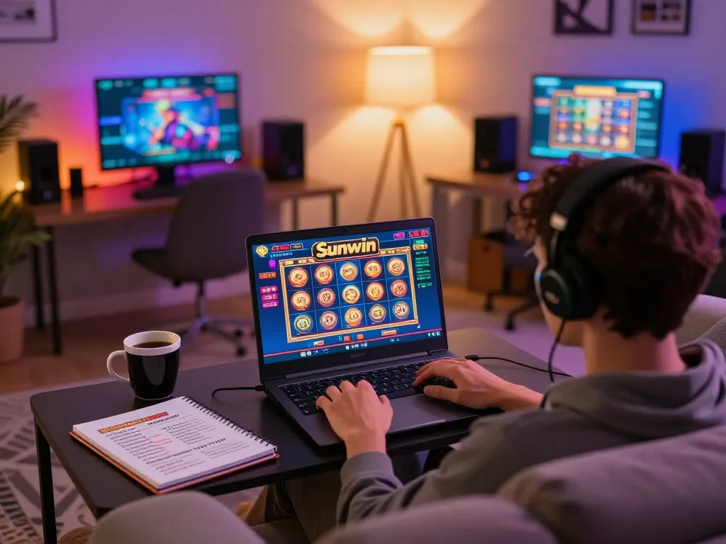 Player engaged in Sunwin online casino gaming on a laptop, with notes and coffee, in a cozy setting.