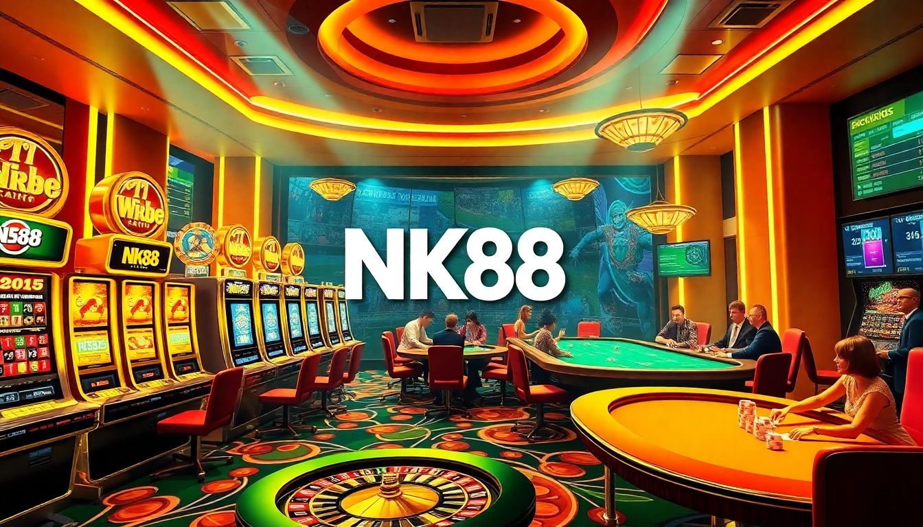 Engaging scene of NK88 casino with vibrant slot machines and poker tables, reflecting excitement.
