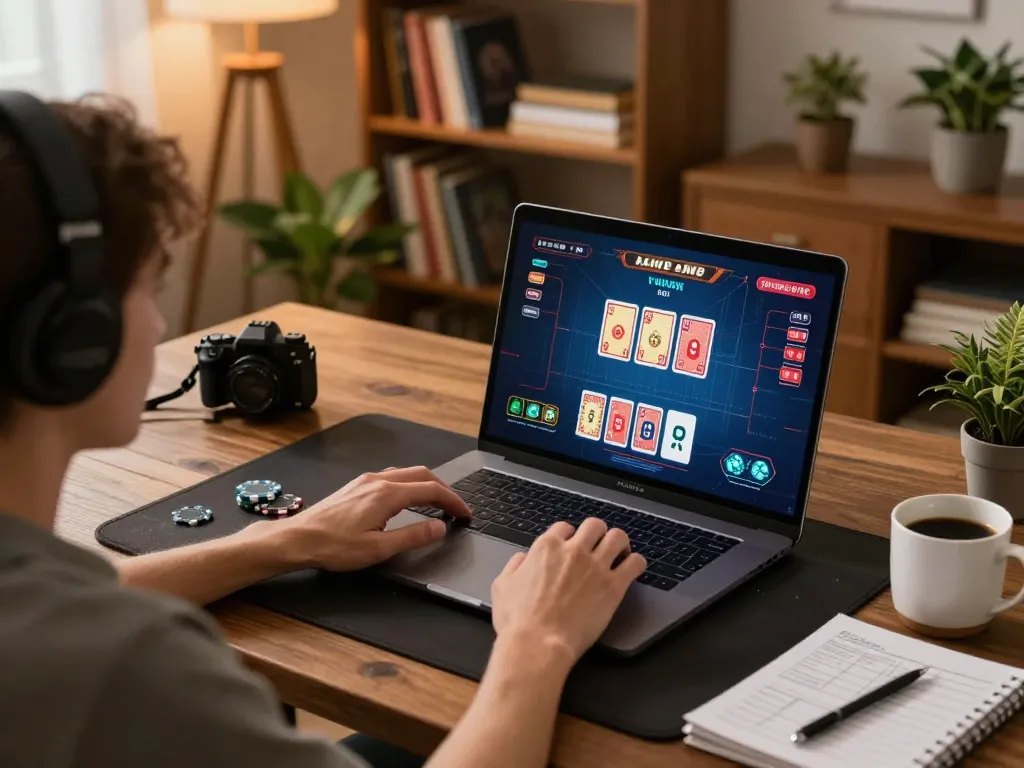 Player enjoying engaging online casino action at x88 with detailed strategy notes and a cozy setup