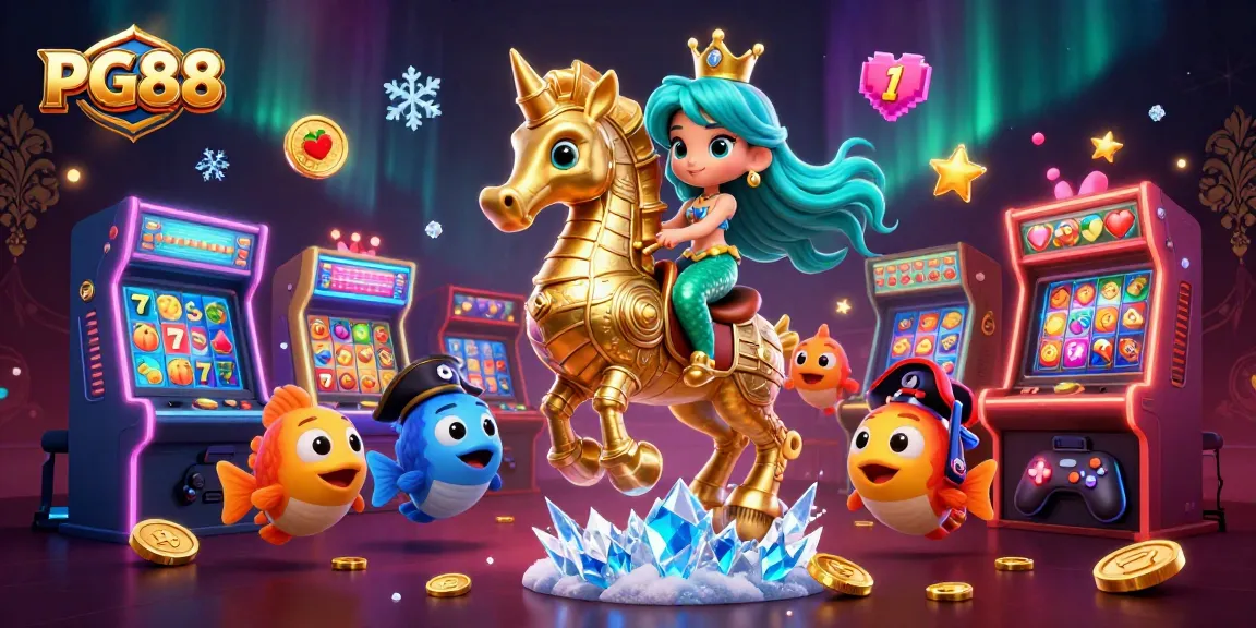 PG88 mermaid princess battles for jackpots alongside colorful fish and gaming treasures in a vibrant 3D casino