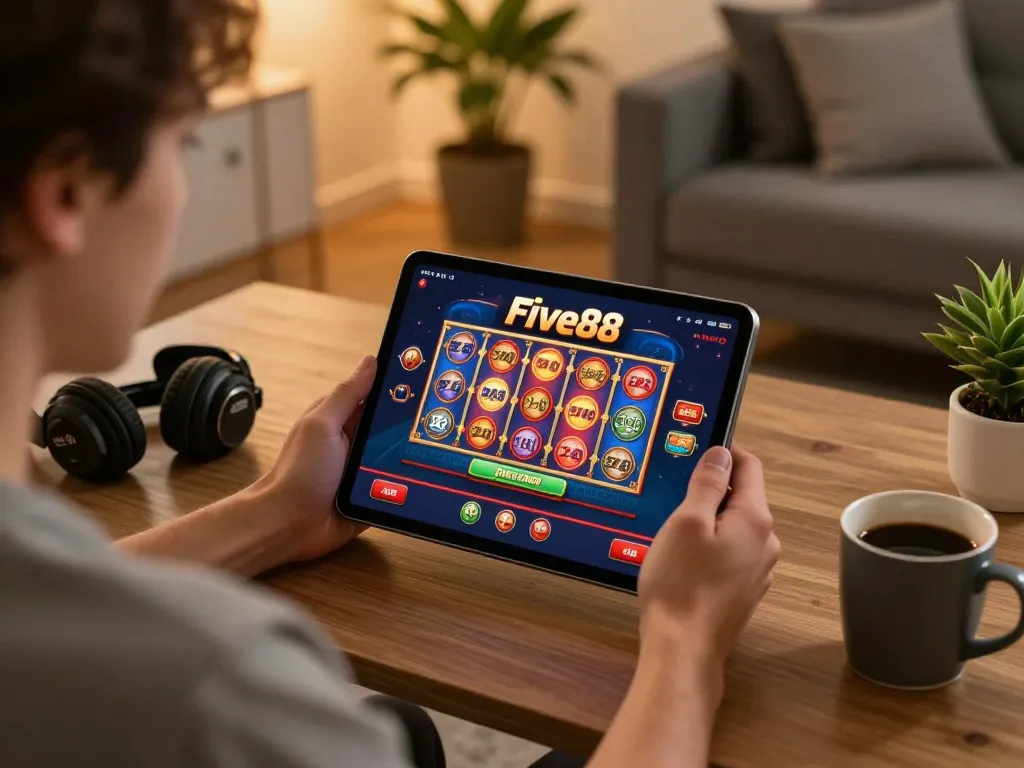 Engaged player using the Five88 casino app on a tablet, showcasing online gaming excitement.