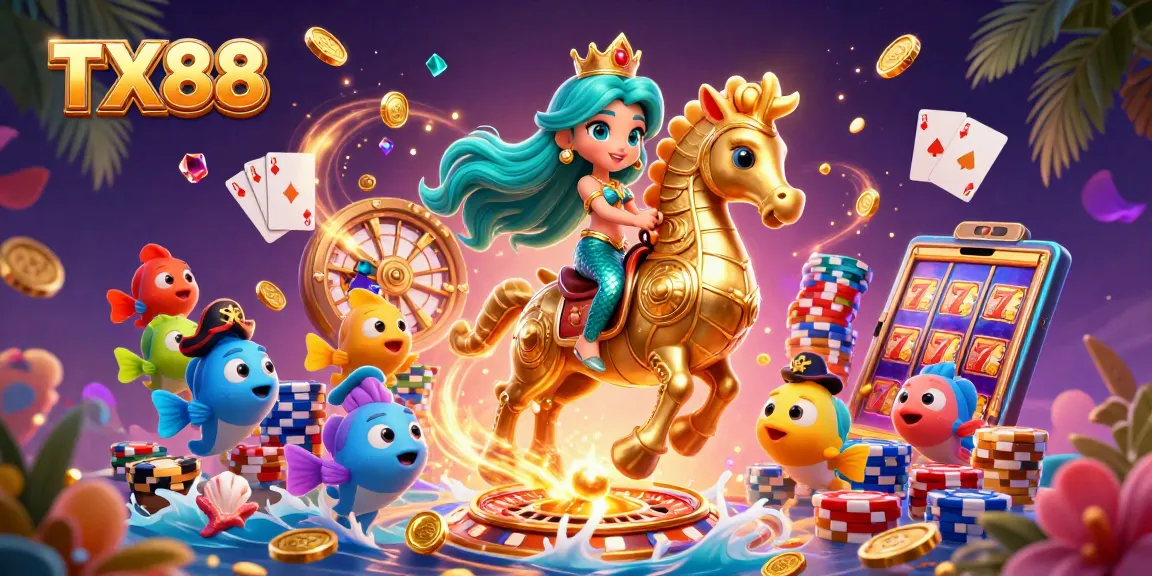 Engage with TX88's adventurous mermaid riding a seahorse amidst cascading coins and vibrant casino elements.