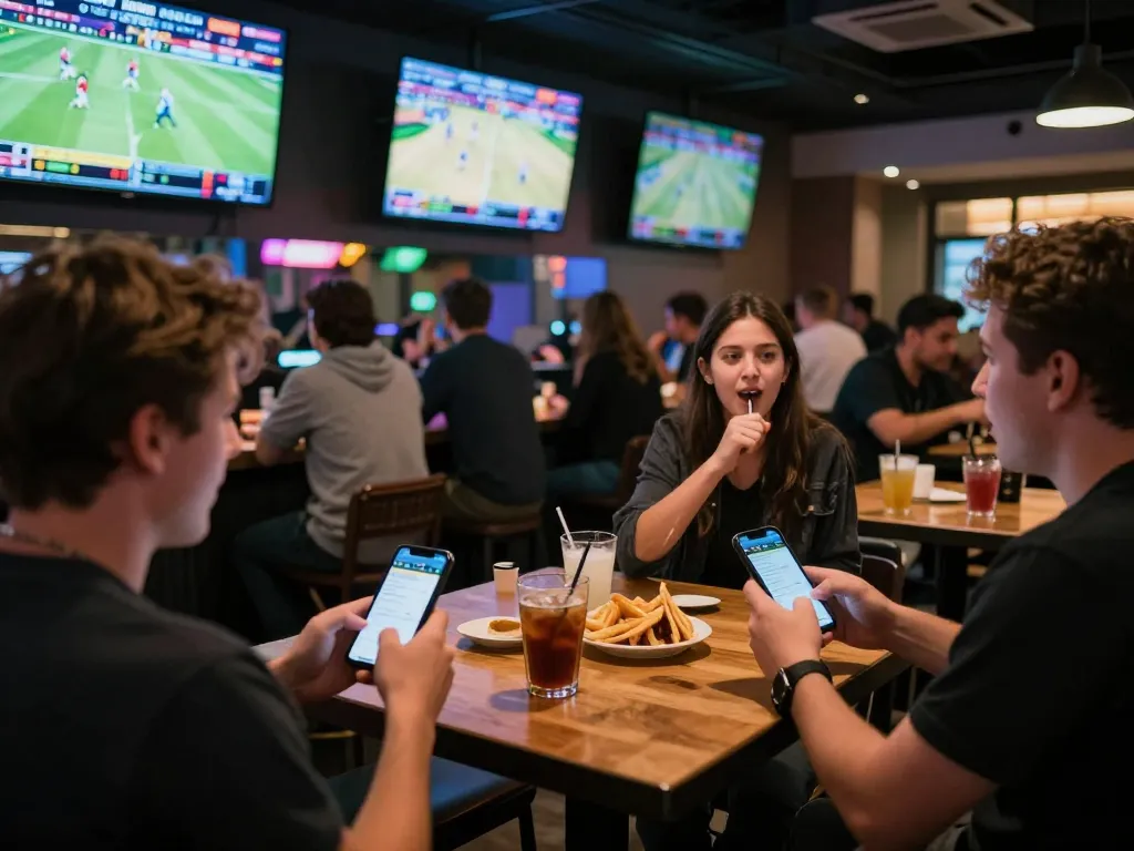 People engaging in sports betting in a lively sports bar, highlighting ty le keo nha cai excitement and interactive screens.
