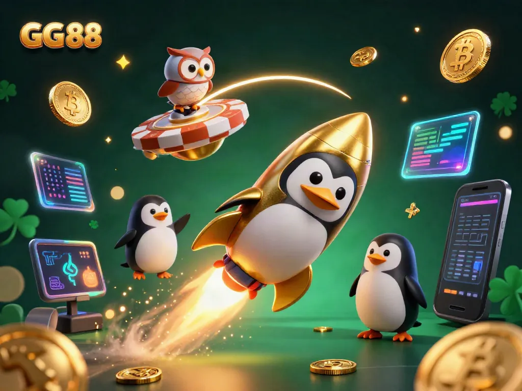 Experience the thrill of GG 88 with a golden penguin soaring past a casino space station, enveloped in vibrant game elements.
