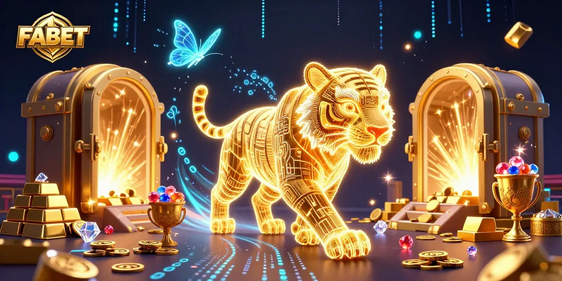 Experience the vibrant digital gaming landscape of FABET with a neon tiger and treasures.
