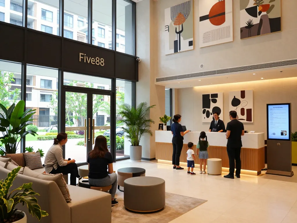 Five88 apartment lobby with welcoming atmosphere, modern design, and resident interactions, showcasing vibrant urban living.