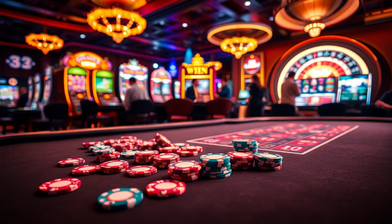 Poker players enjoying a thrilling game at 32 WIN casino table with vibrant chips and roulette in view.