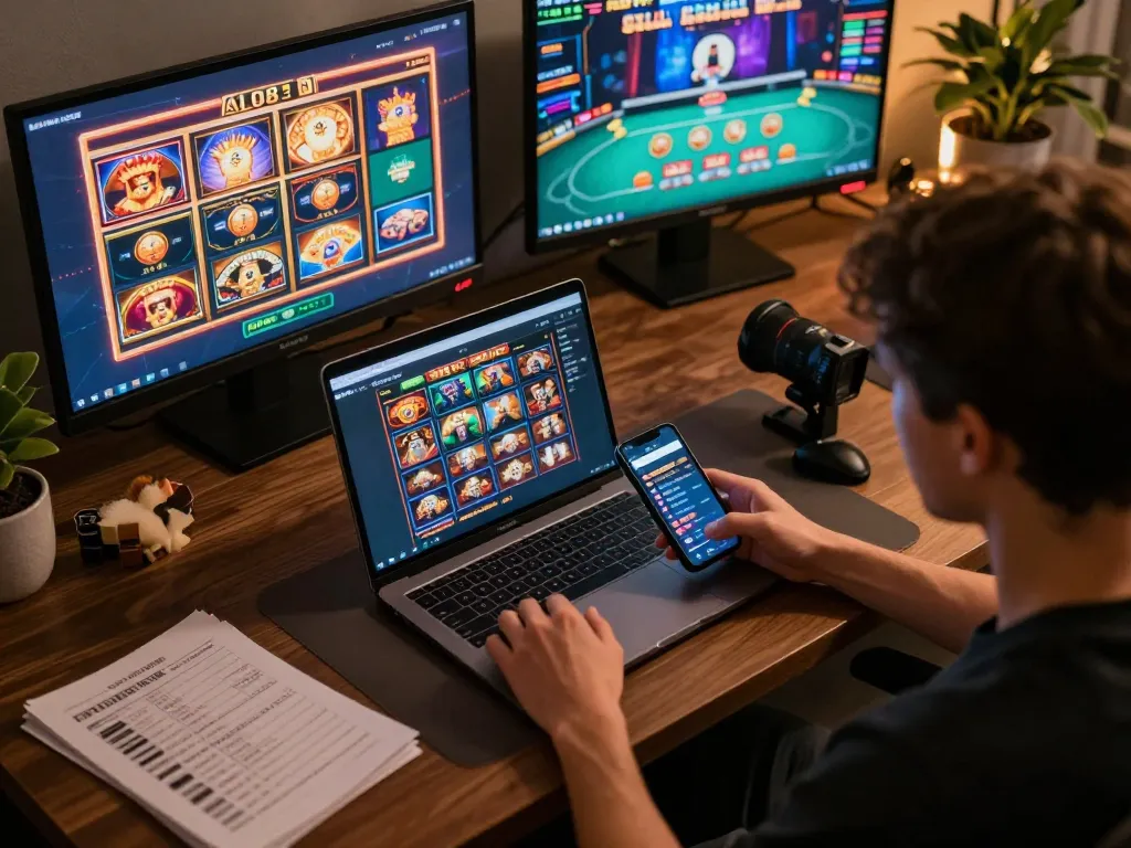 Player enjoying ALO8 online gambling with vibrant slot games on laptop.