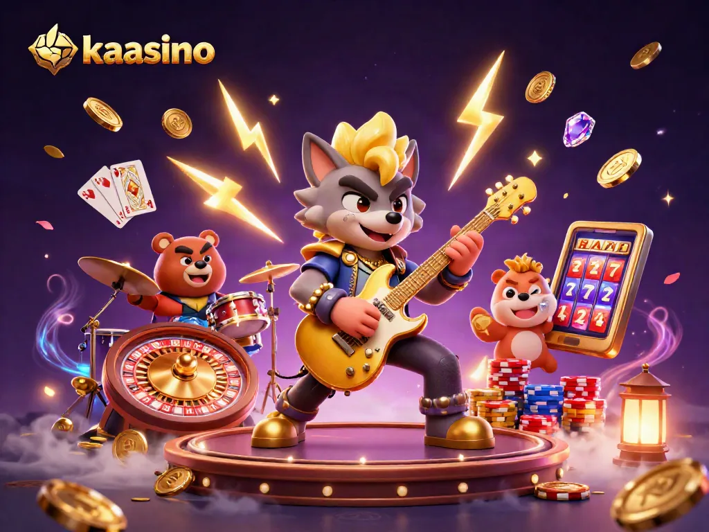 Kaasino promotes an engaging gaming atmosphere with a rock star wolf shredding, golden coins, and vibrant effects.