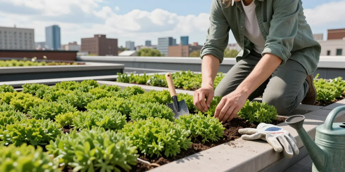 Wat kost een groen dak? Een persoon die sedum plant op een levendige stedelijke daktuin die duurzaam leven toont.