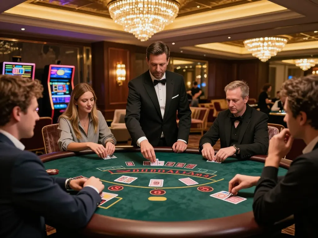 Players engaging at a stylish blackjack table in rokok88 casino with premium decor