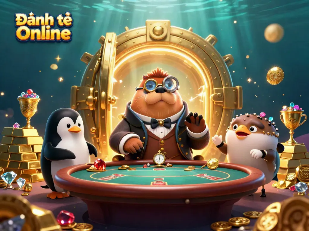 Experience Đánh đề online with a jolly walrus, penguin dealer, and bluffing pufferfish in a rich underwater scene.