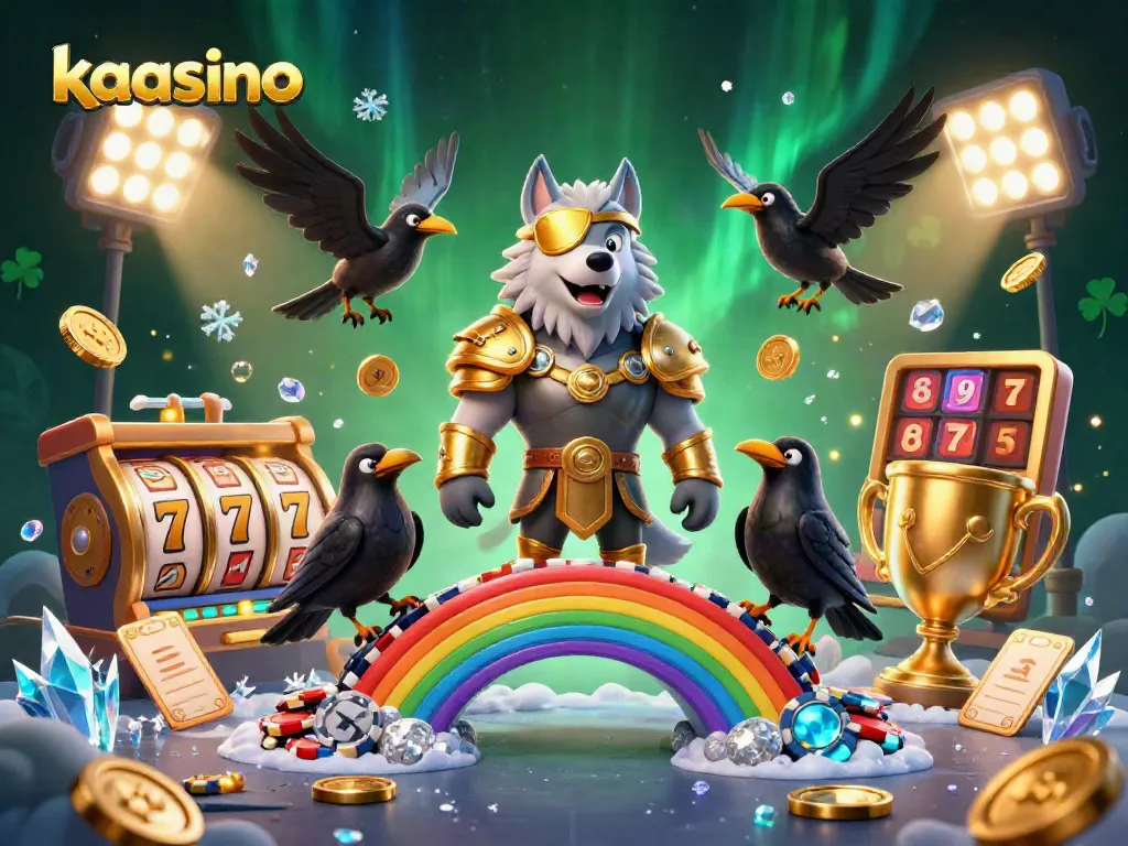 Kaasino showcases a captivating 3D scene with a Norse-inspired wolf, casino chips, and dynamic slot reels.