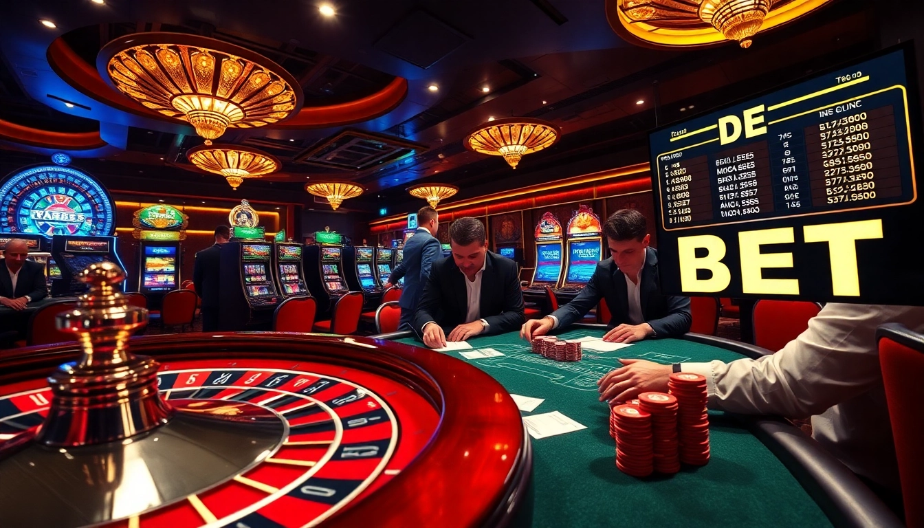 Engaging gamblers placing bets at a vibrant casino, showcasing DE BET prominently alongside exciting gaming elements.