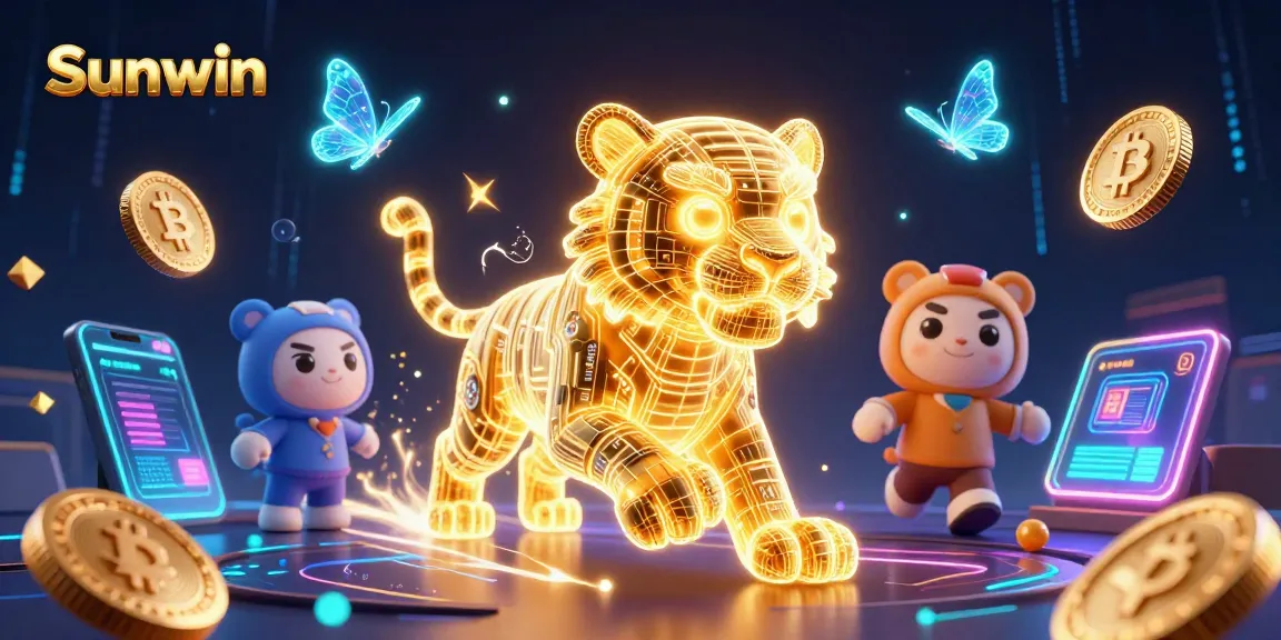 Engage in thrilling gameplay with Sunwin, featuring a neon golden tiger and digital casino elements.