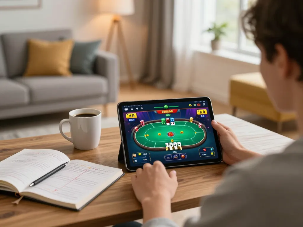 Engaging in online gambling at home on tablet while focusing on trang chủ LLwin poker game strategy