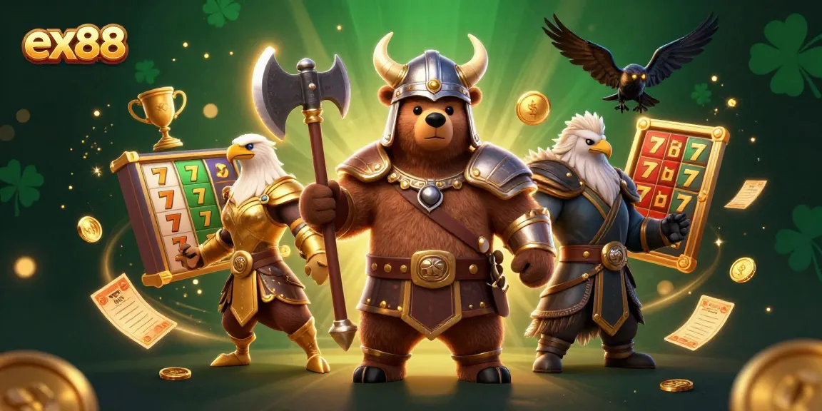 Engage with ex88's exciting slots featuring Viking and eagle characters in a dynamic casino scene.