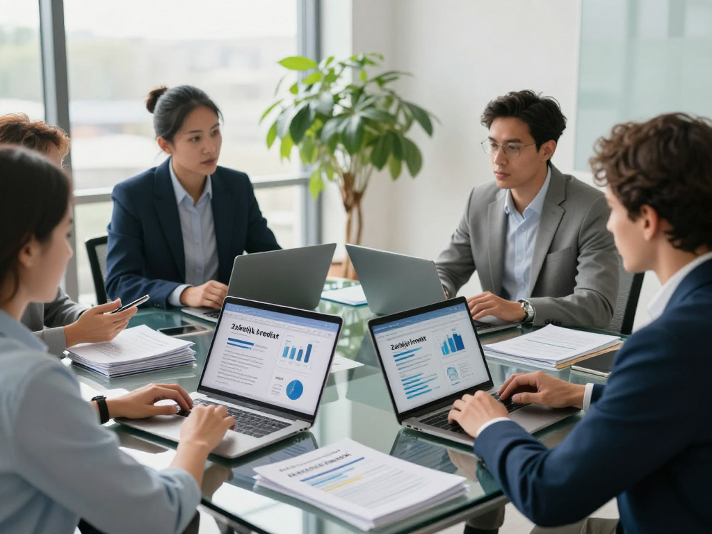 Professionals bespreken zakelijke kredietopties in een moderne kantoorruimte met financiële gegevens en documenten.
