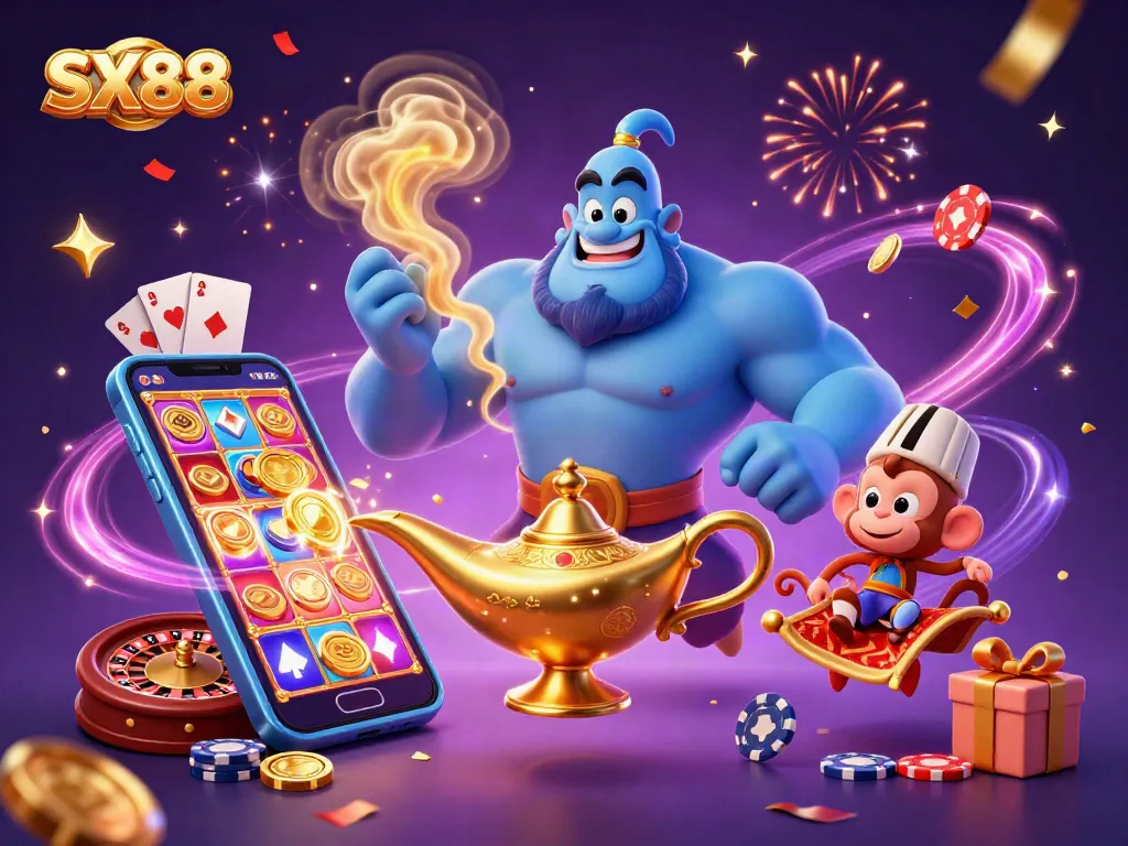 SX88 celebrates gaming magic with a colorful slot game, confetti, and a genie bursting with excitement.
