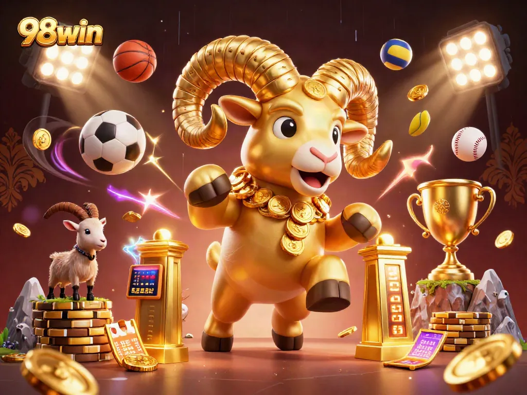 Engage with 98win's vibrant casino world with a powerful ram charging through a festive betting scene.
