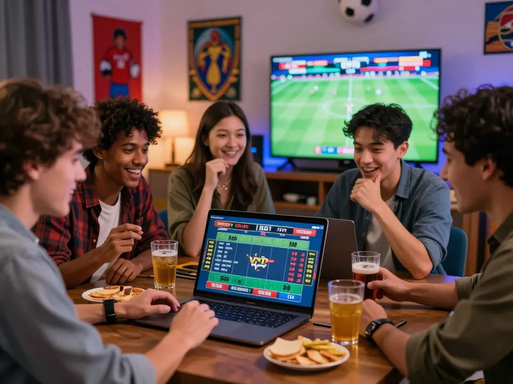 Friends enjoying online betting experience with Topbet, vibrant atmosphere and exciting sports events on screen.