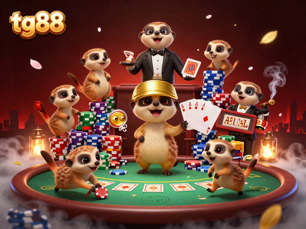 Engage in thrilling casino action at tg88 with meerkats managing games and colorful poker chips.