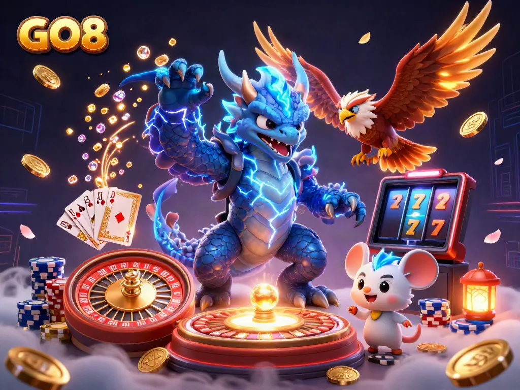 Witness the excitement of GO8 with a dynamic 3D illustration featuring a thunder dragon, wind hawk, and slot machines.