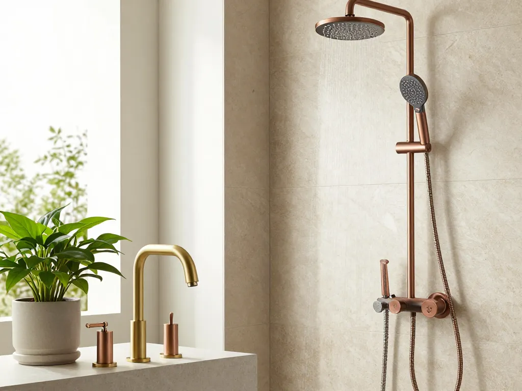 Elegante badkamer met Brauer kranen in moderne afwerkingen, waaronder geborsteld goud en gunmetal, die luxe en stijl uitstralen.