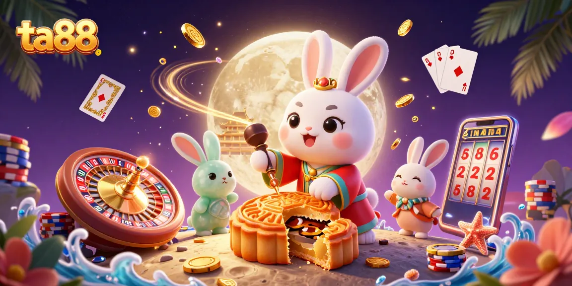 Engage with ta88's thrilling gaming world as the moon rabbit reveals poker riches amidst vibrant casino elements.