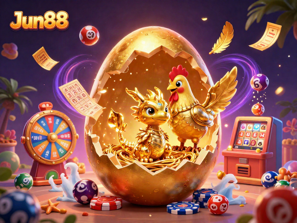 Engage with Jun88's thrilling gaming experience featuring dynamic lottery balls and a glittering golden dragon.