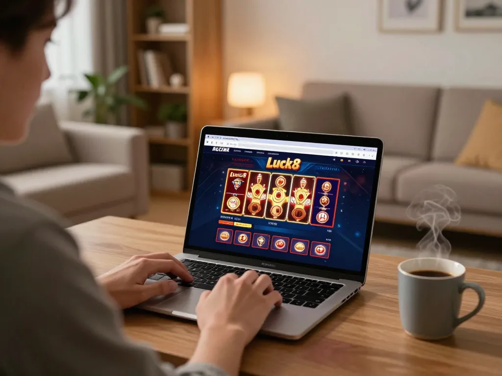 Engaging with Luck8 online casino from home, a player strategizing at their gaming setup